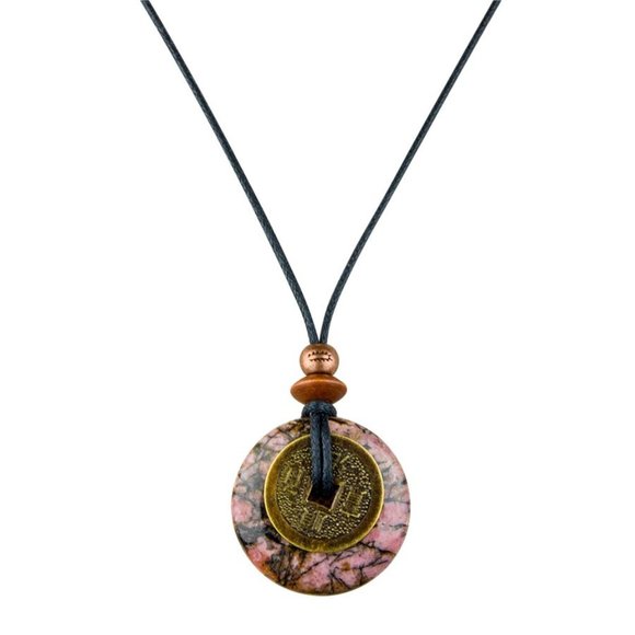 Artisan Jewelry - Rhodonite and Lucky Coin Necklace Handmade